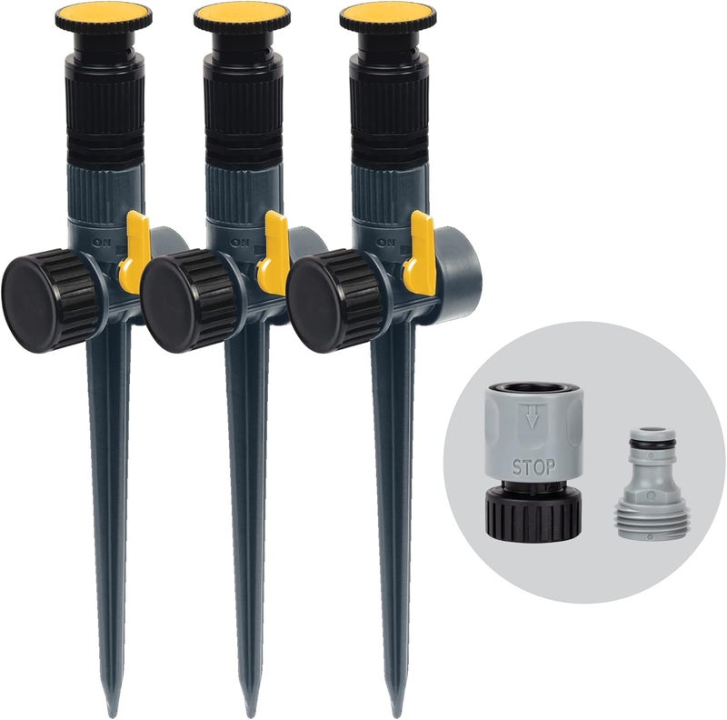 Melnor 65185AMZ Multi-Adjustable Spike Sprinkler, 3-Pack W/Quick Connect Bundle, Flow Through Base, Black, Grey, Yellow - Image 1